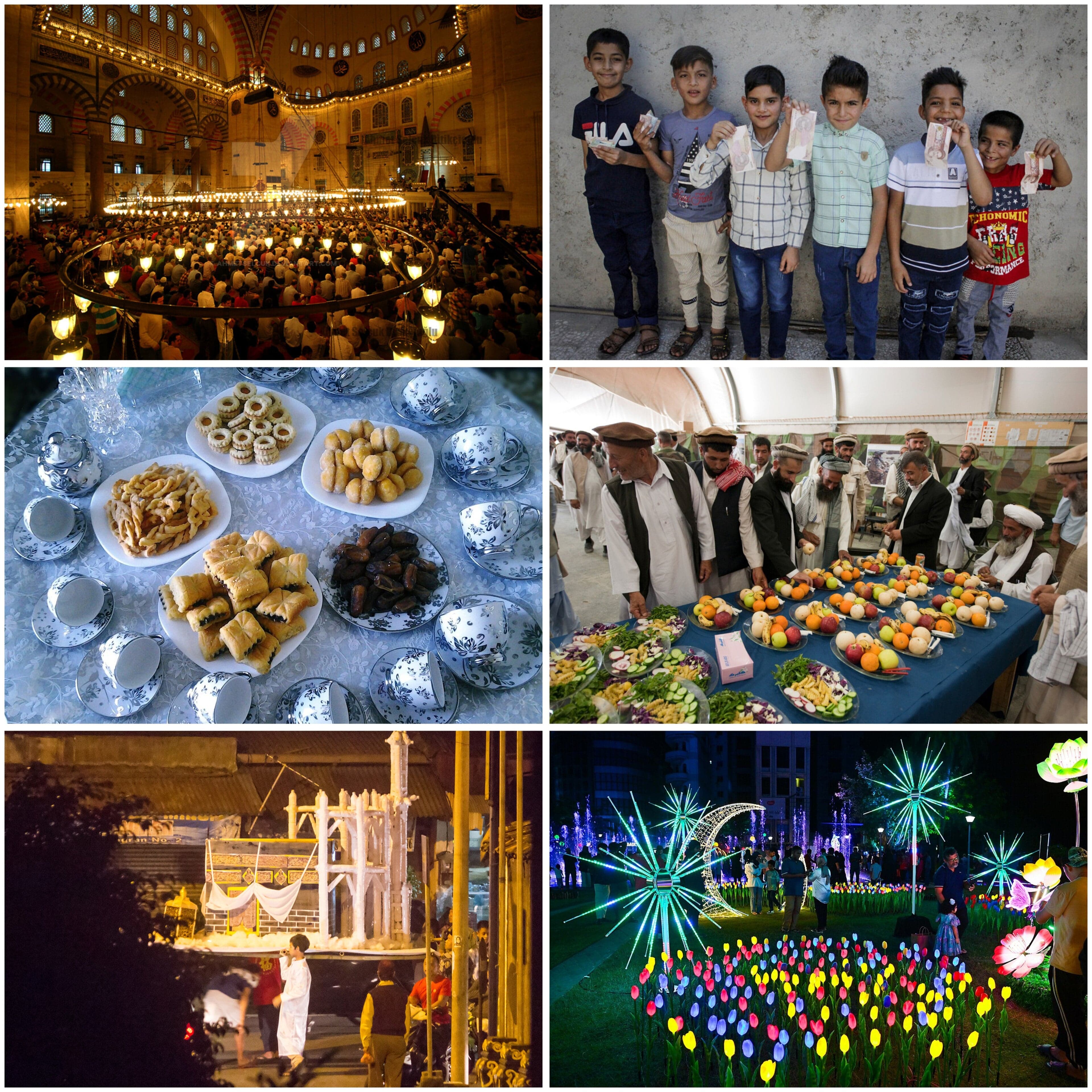 Algerian families in colourful new clothes gathering to celebrate Eid with sweets and tea
