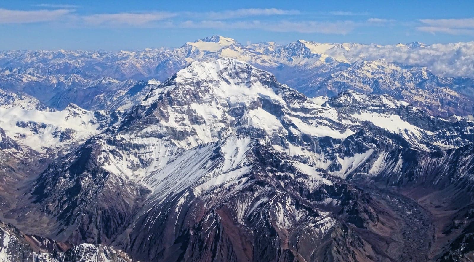 The snow-covered peak of Aconcagua seen from the air
