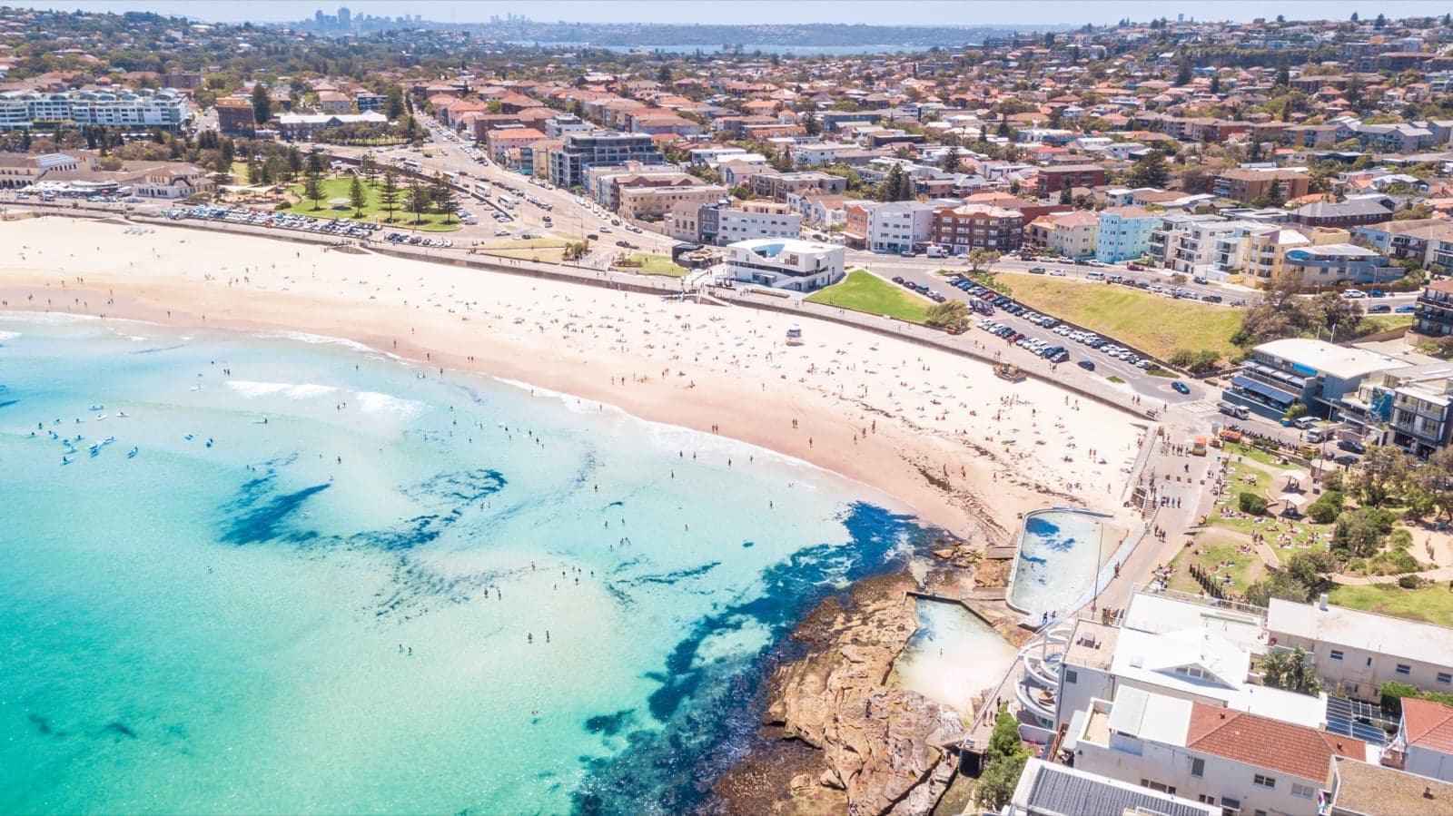 Aerial view of Bondi Beach, with golden sand and turquoise water