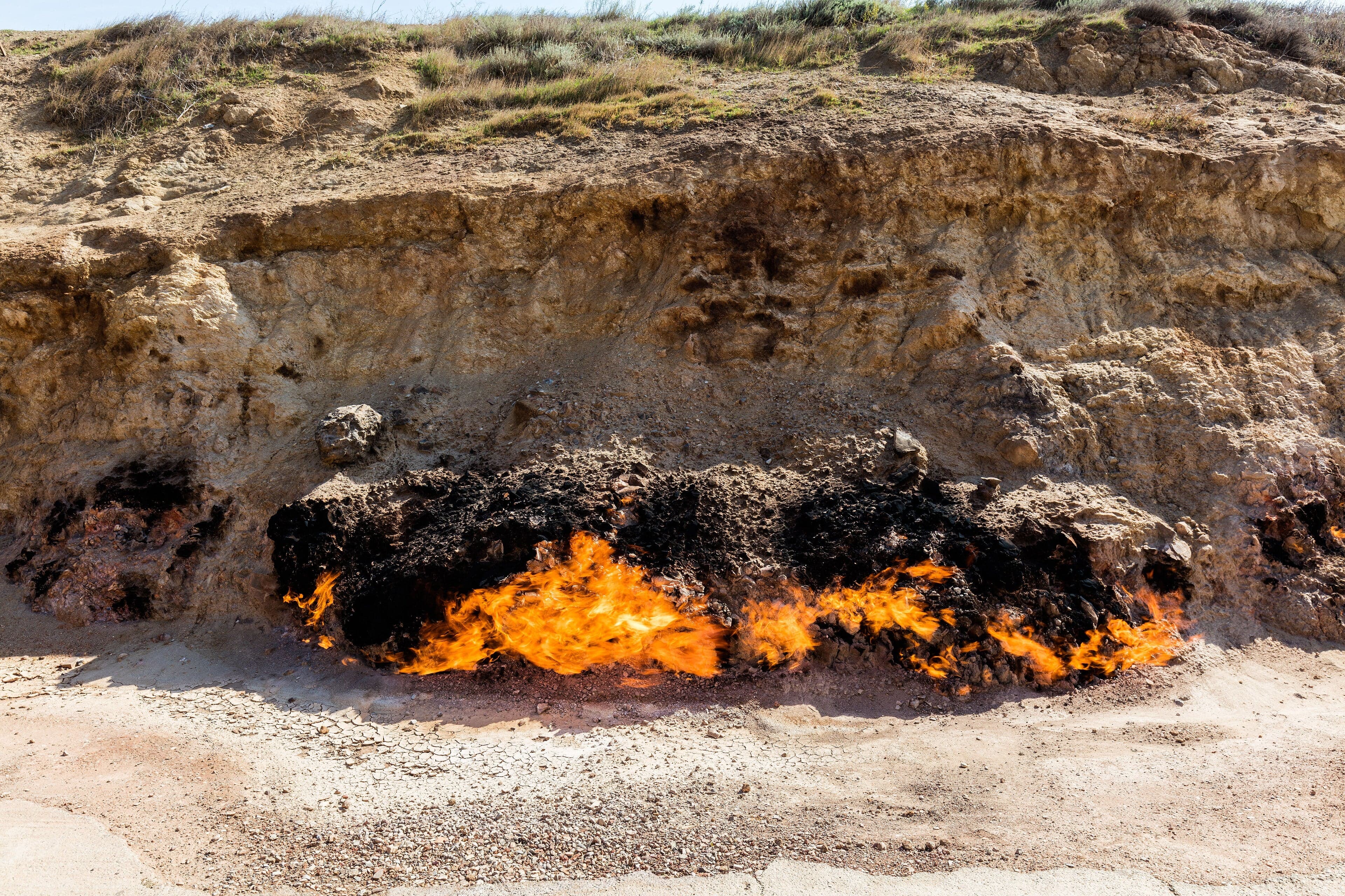 Flames rising naturally from a hillside at Yanar Dag in Azerbaijan