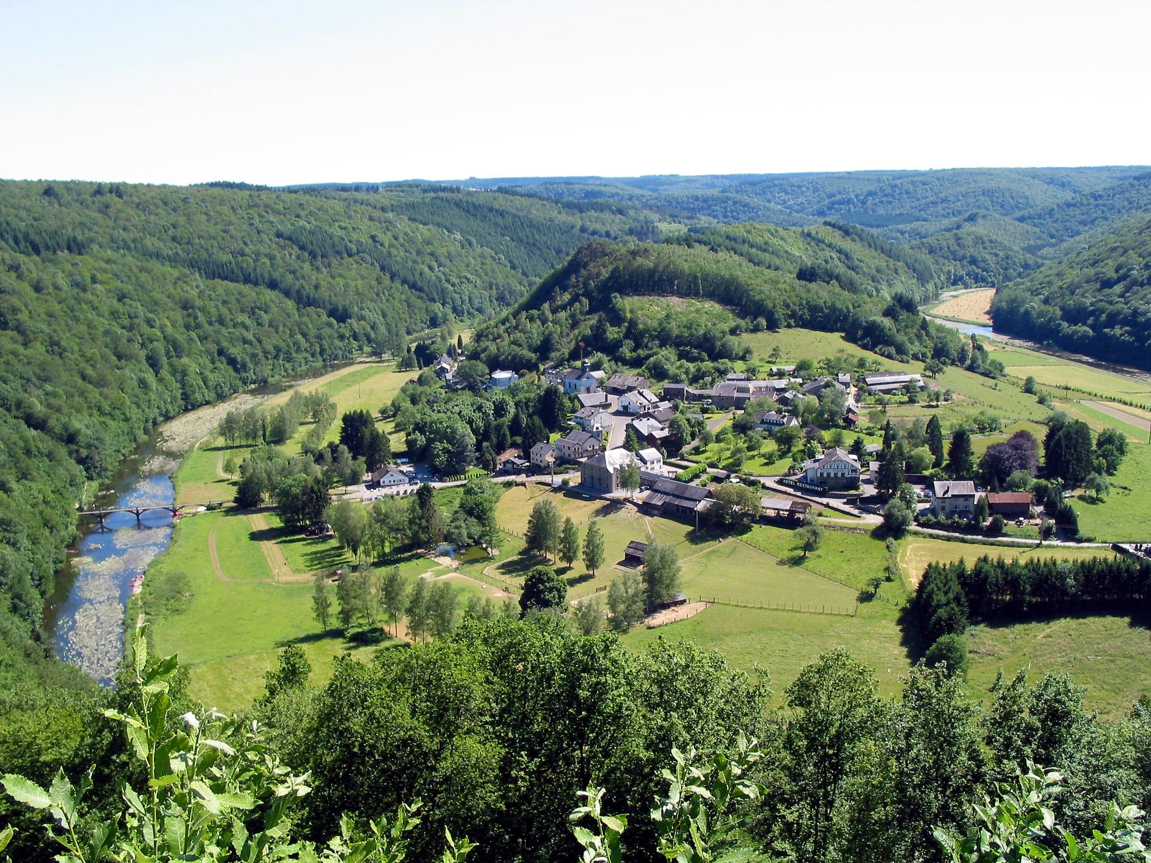Dense green forest with rocky river valley in the Ardennes, Belgium