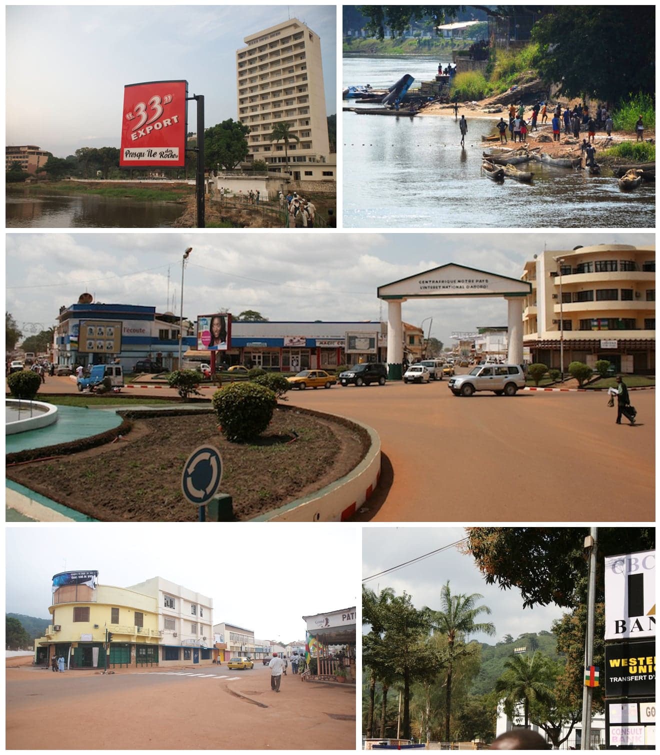 The Ubangi River flowing past Bangui with green hills in the background