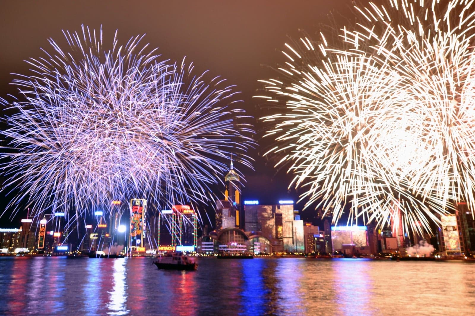 Bright fireworks lighting up the sky during Lunar New Year