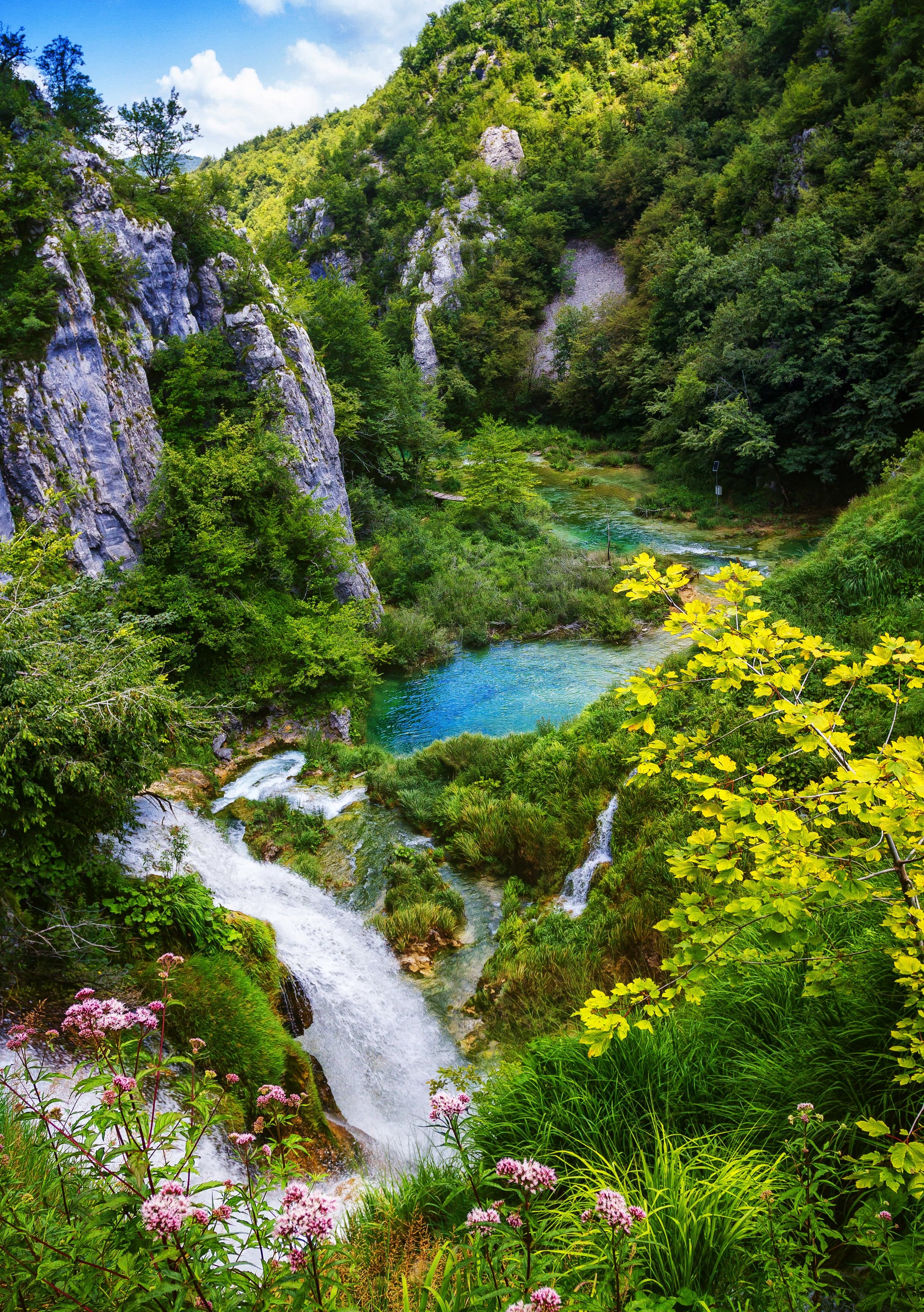 Wooden walkways over brilliantly turquoise lakes at Plitvice, surrounded by forest