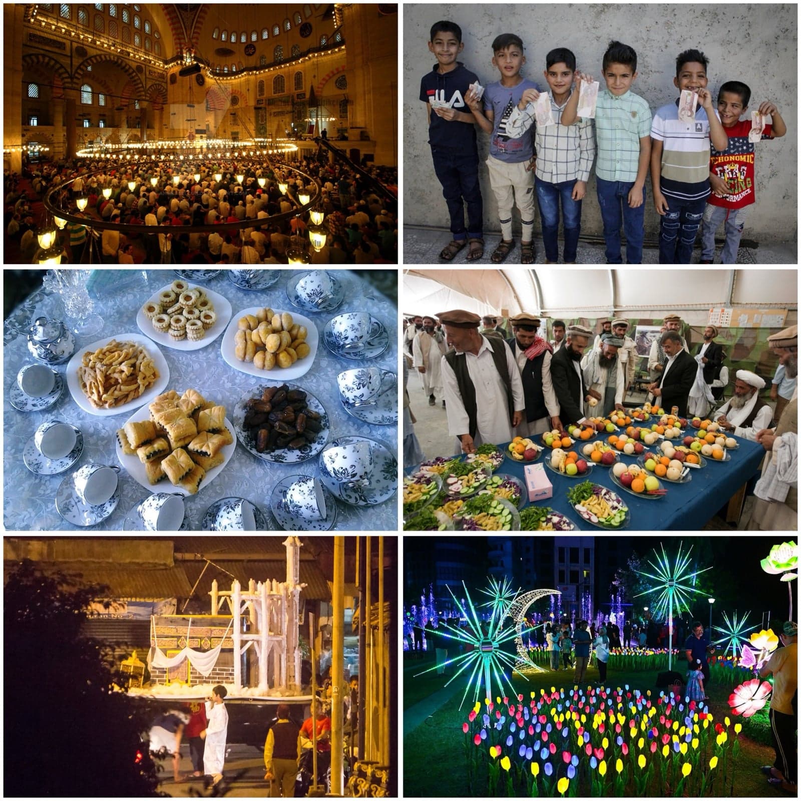 Children, sweets and lights from an Eid al-Fitr celebration