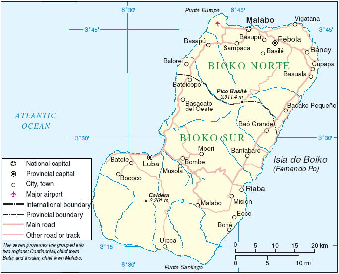 Green volcanic peaks of Bioko Island rising above the Gulf of Guinea