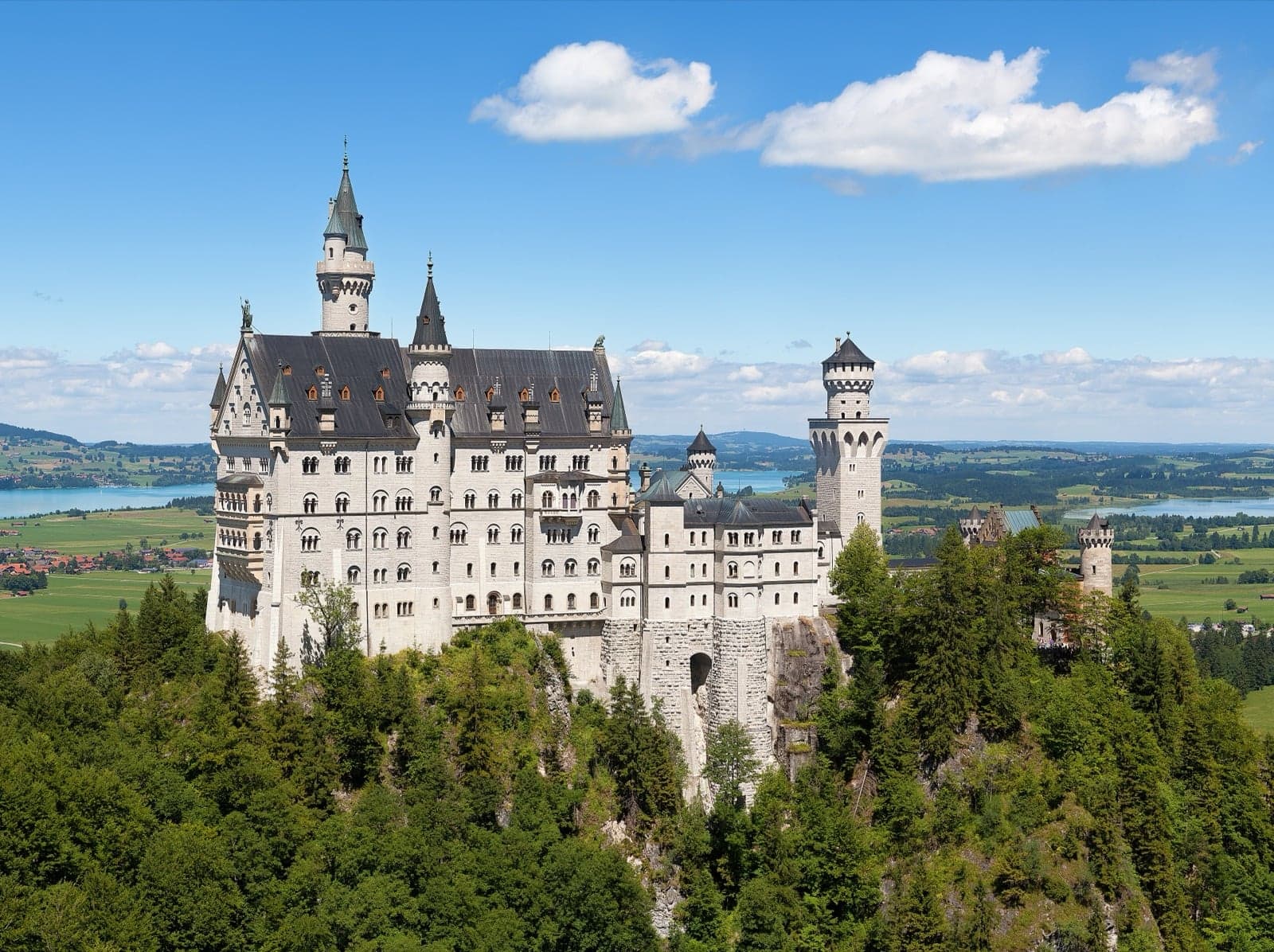 Neuschwanstein Castle on a forested hilltop with a lake behind