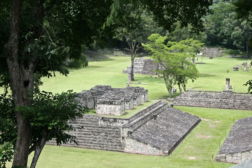Stone stelae and carved sculptures at the Copán archaeological site in Honduras