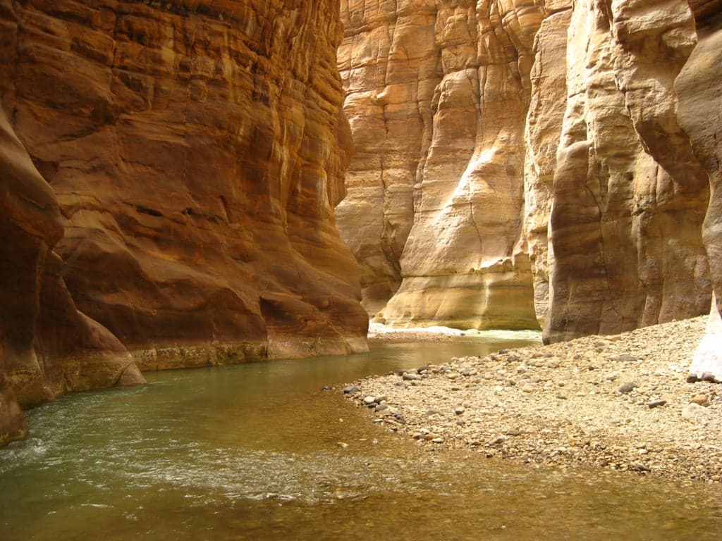 Children wading through a narrow river gorge with tall golden cliffs on both sides in Mujib