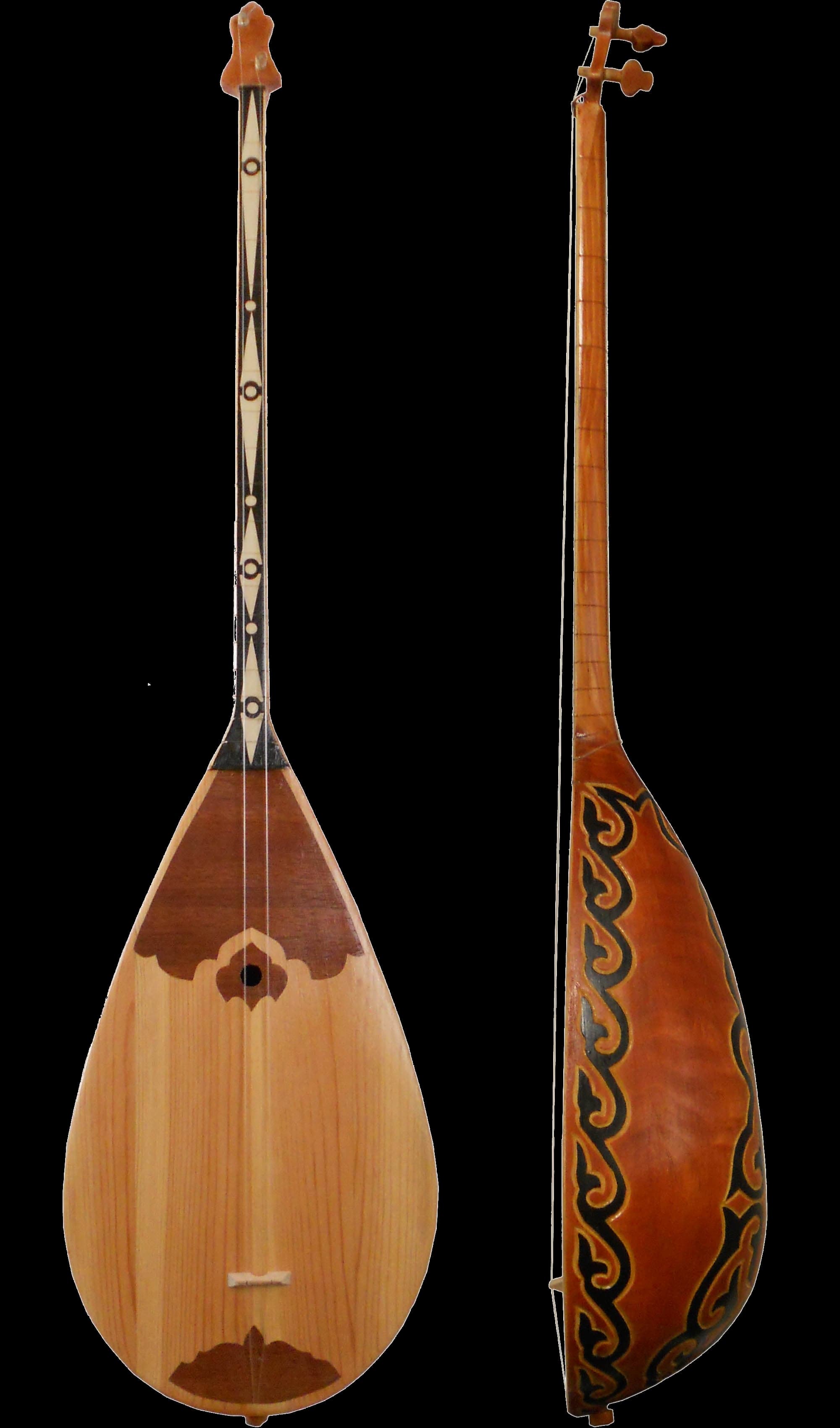 A wooden dombra with two strings resting against a colourful Kazakh felt carpet