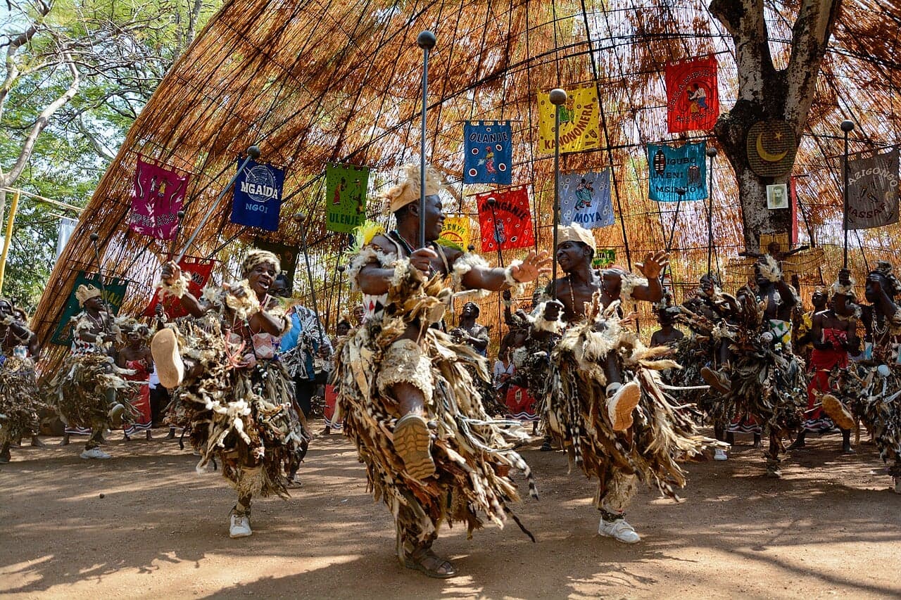 Colourful parade with Malawian flags and traditional costumes in Lilongwe on Independence Day