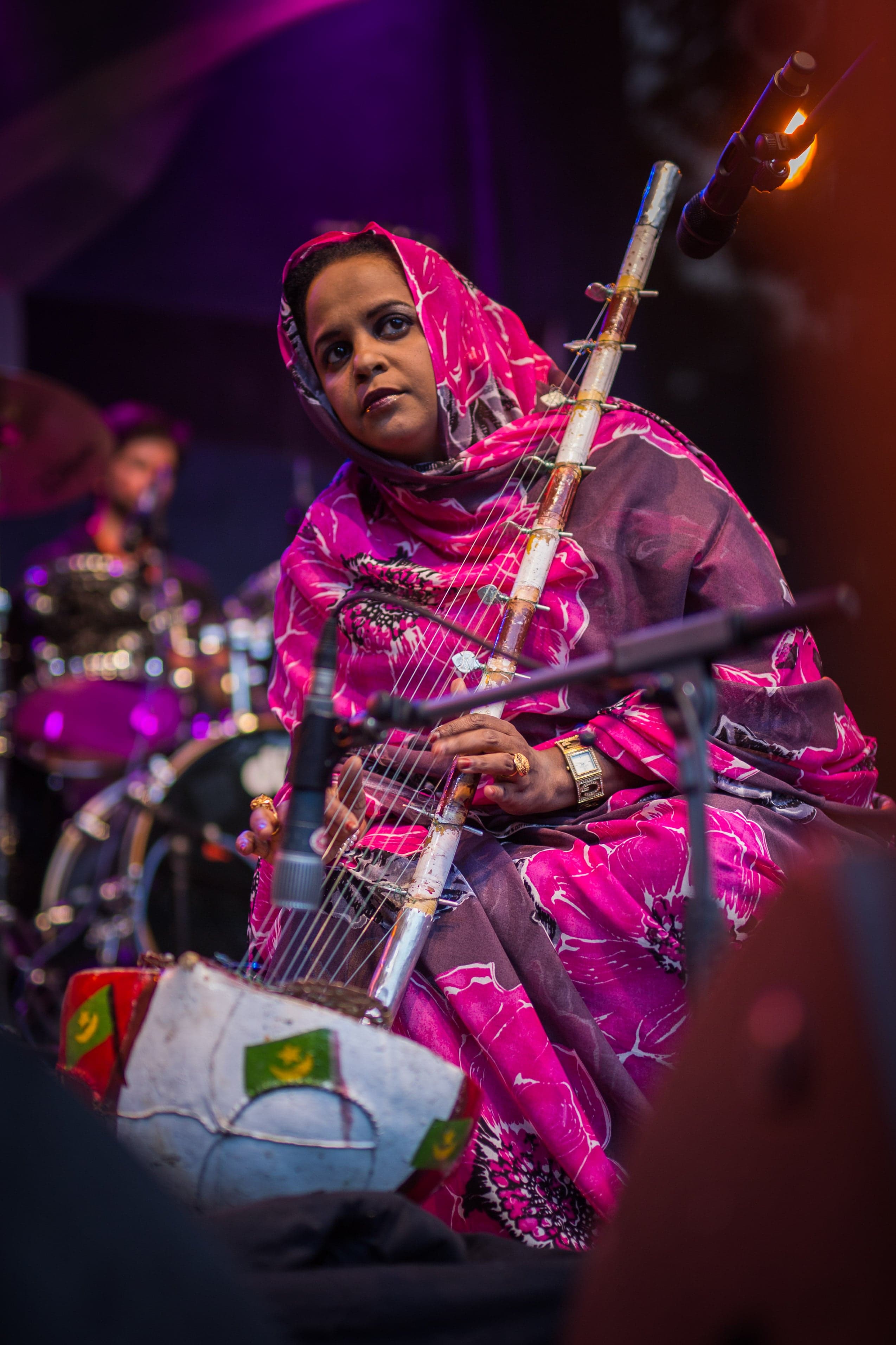A Mauritanian woman playing the ardin harp with its gourd resonator and strings