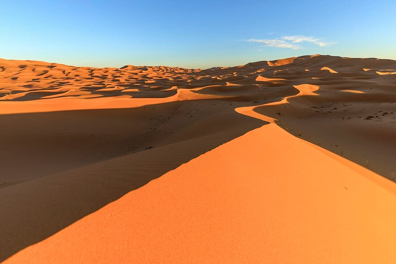 Golden sand dunes rising in waves across the Mauritanian Sahara at sunset