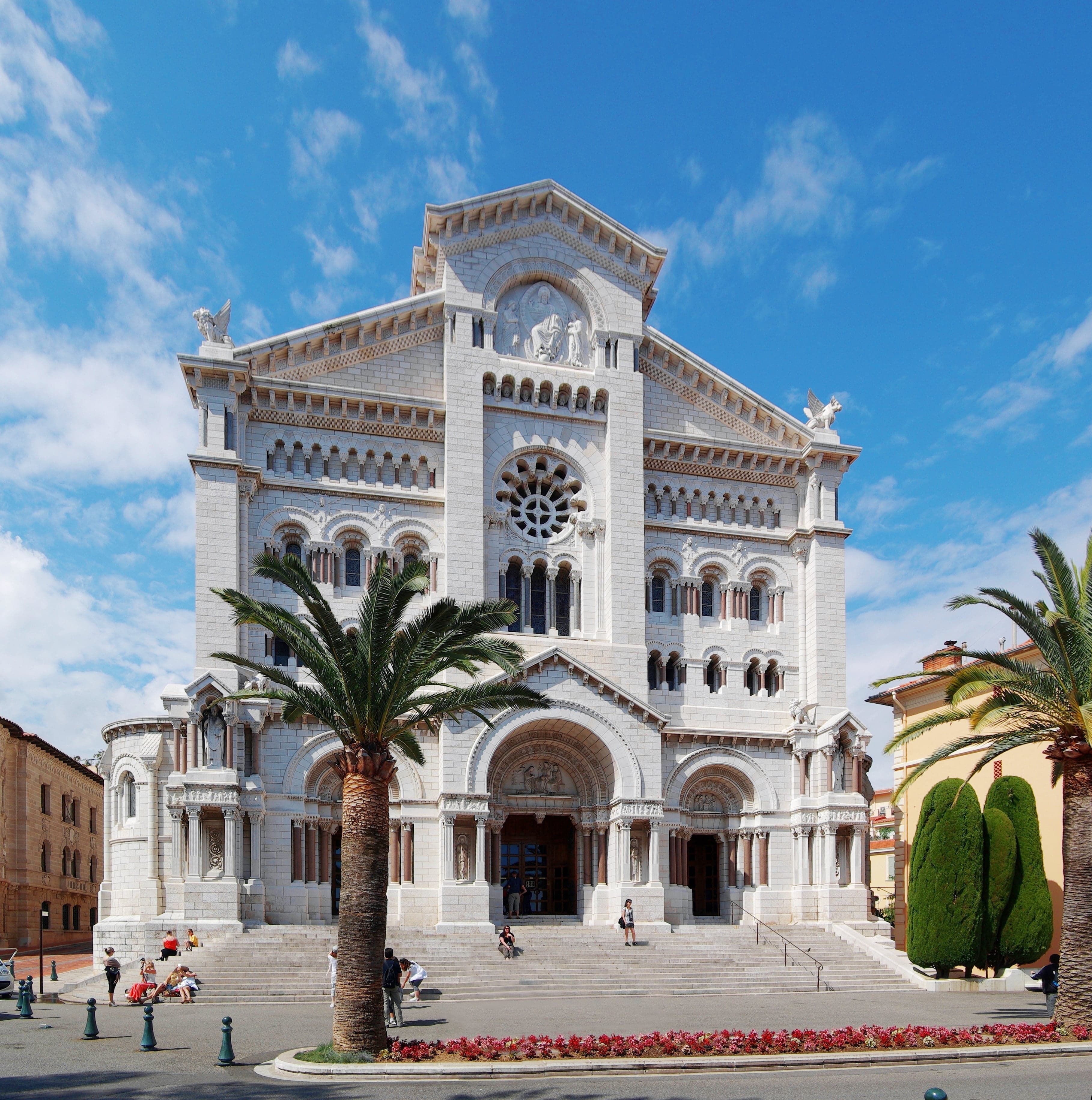 The white stone facade of the Cathedral of Monaco in the old town on Le Rocher