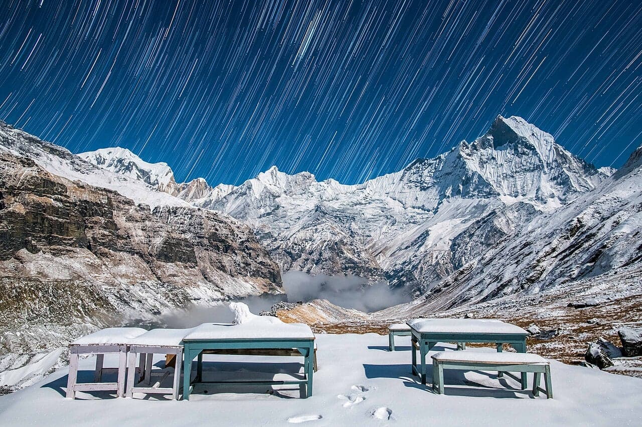 A walking path winding through Himalayan foothills with snow peaks behind