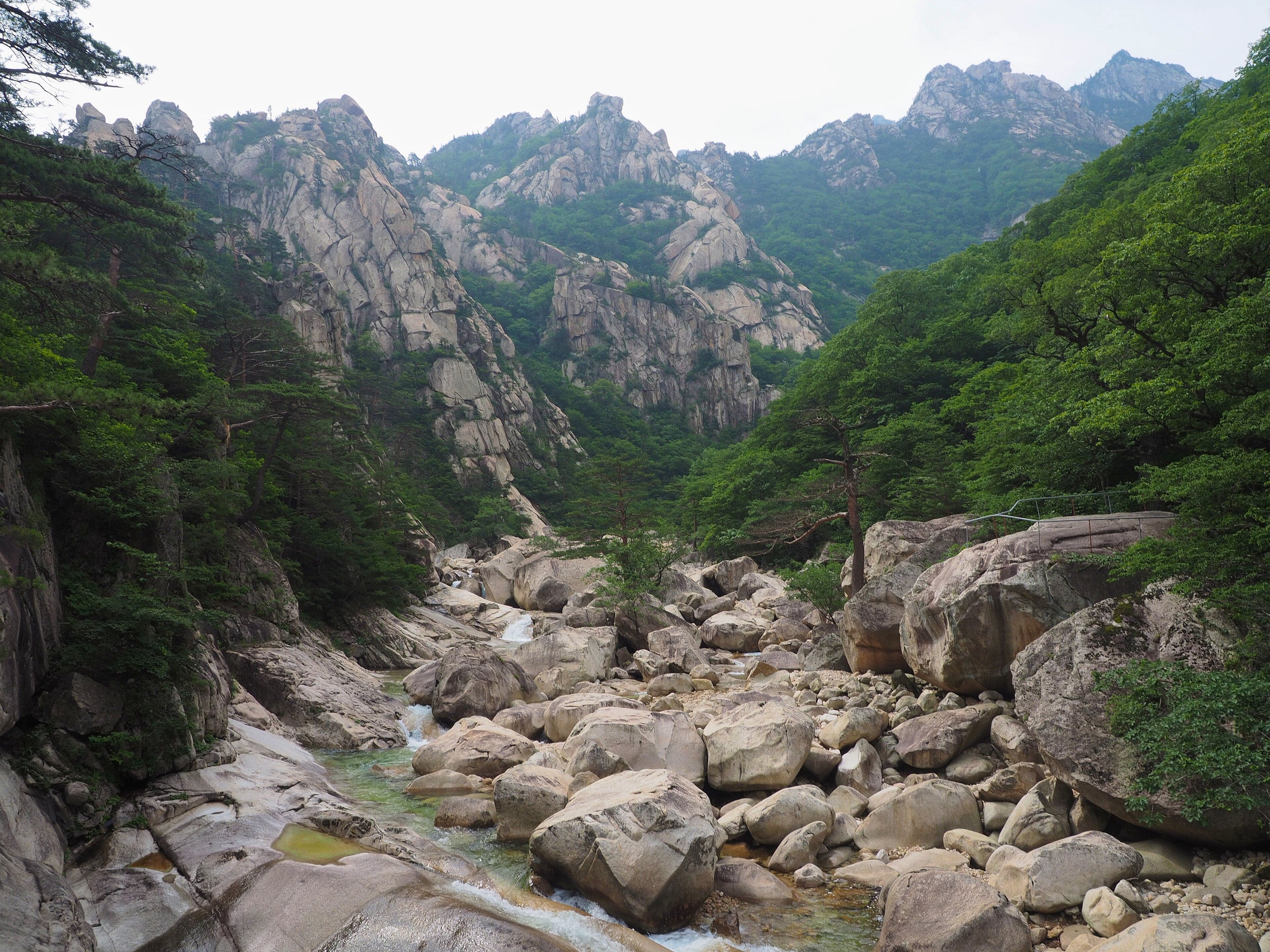 Sharp granite peaks of Mount Kumgang rising above pine forest and autumn colour