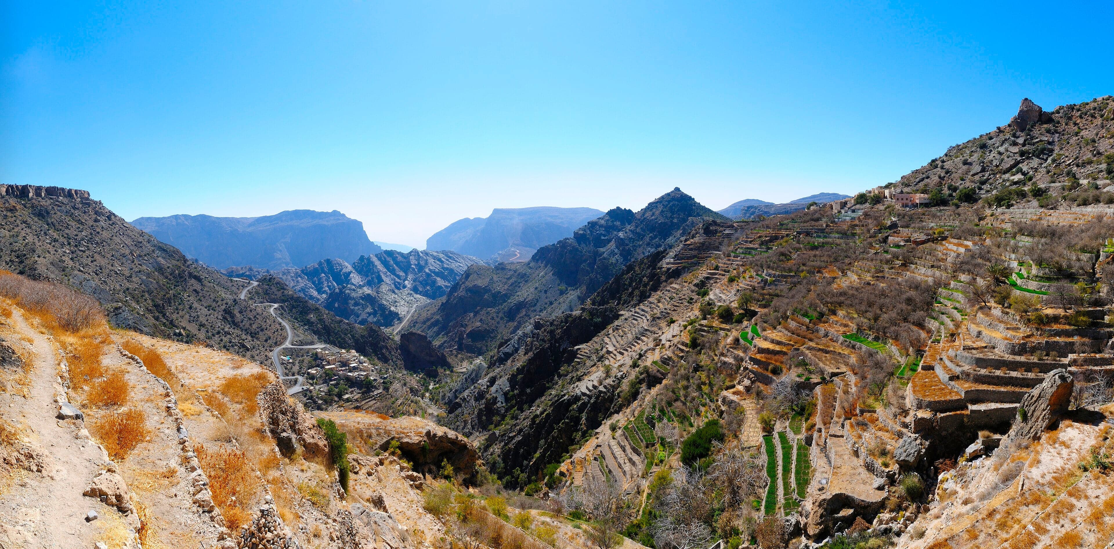 Terraced rose gardens on the rocky cliffs of Jebel Akhdar mountain in Oman