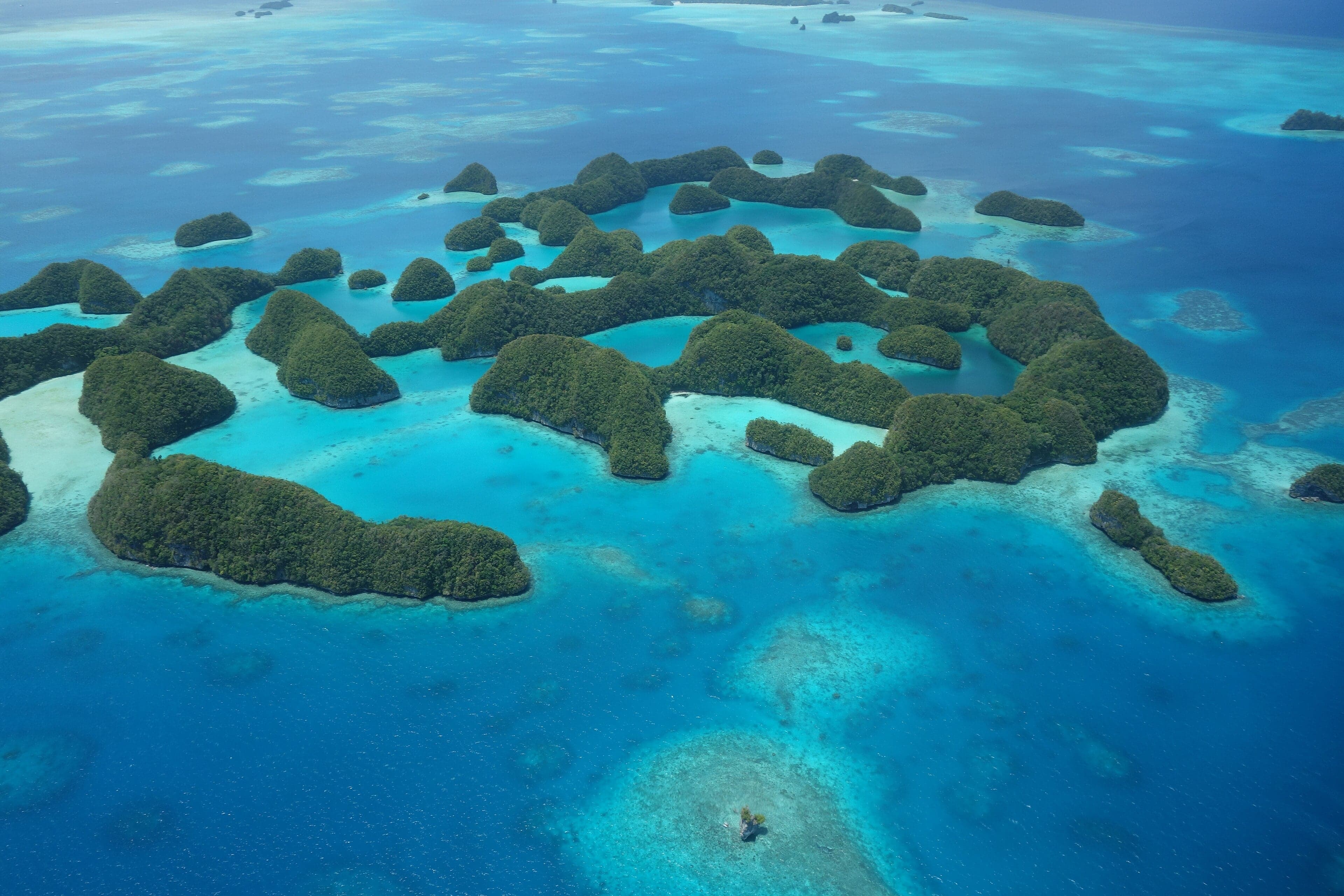 Aerial view of the Rock Islands - round green limestone islands surrounded by brilliant turquoise water