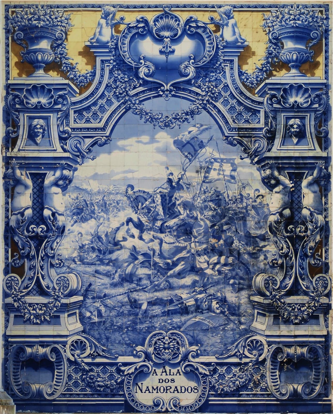 A wall covered in traditional blue-and-white Portuguese azulejo tiles