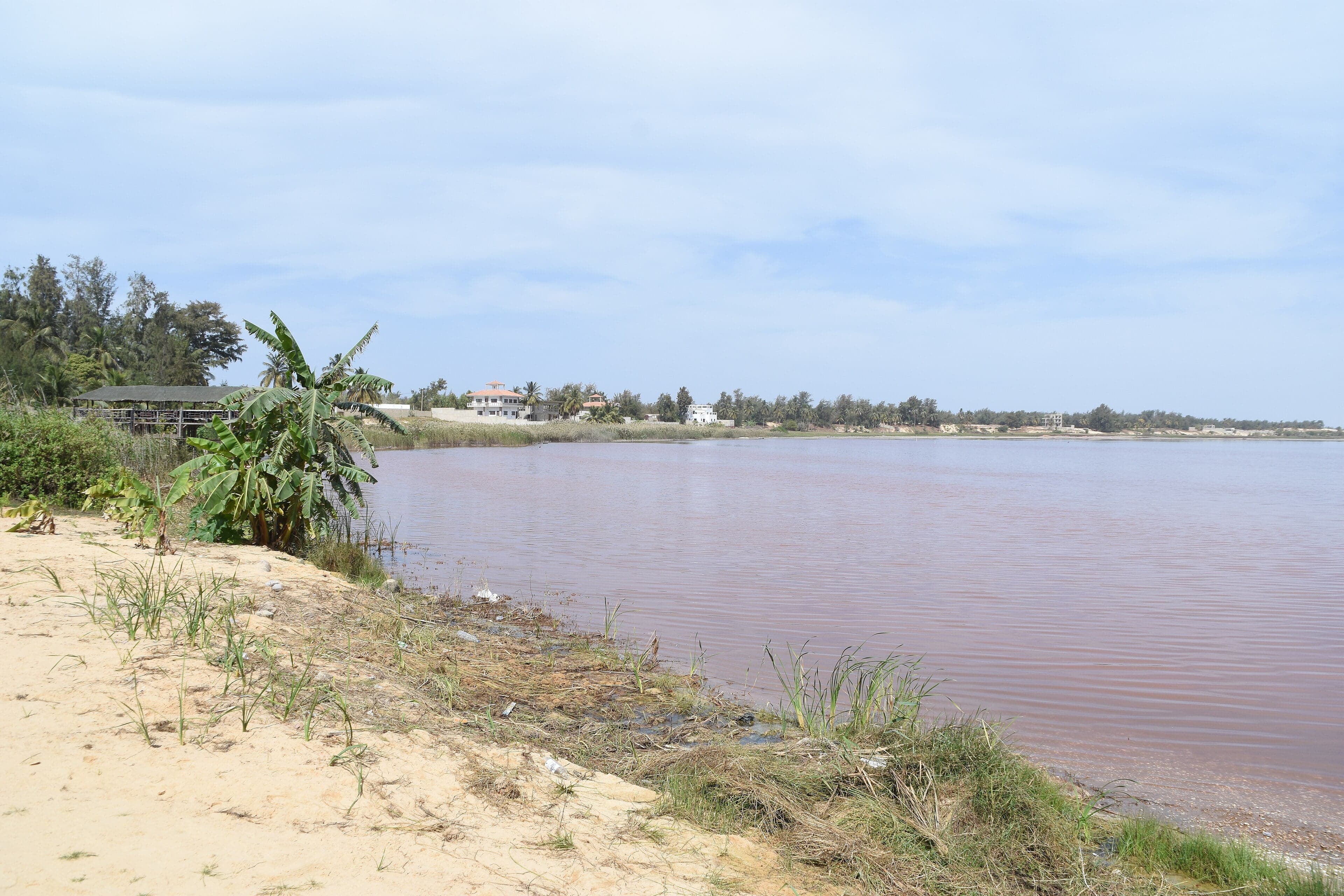 The bright pink waters of Lake Retba with white salt piles on the shore