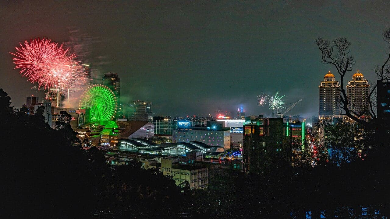 New Year fireworks over Belgrade with the Danube river in the foreground