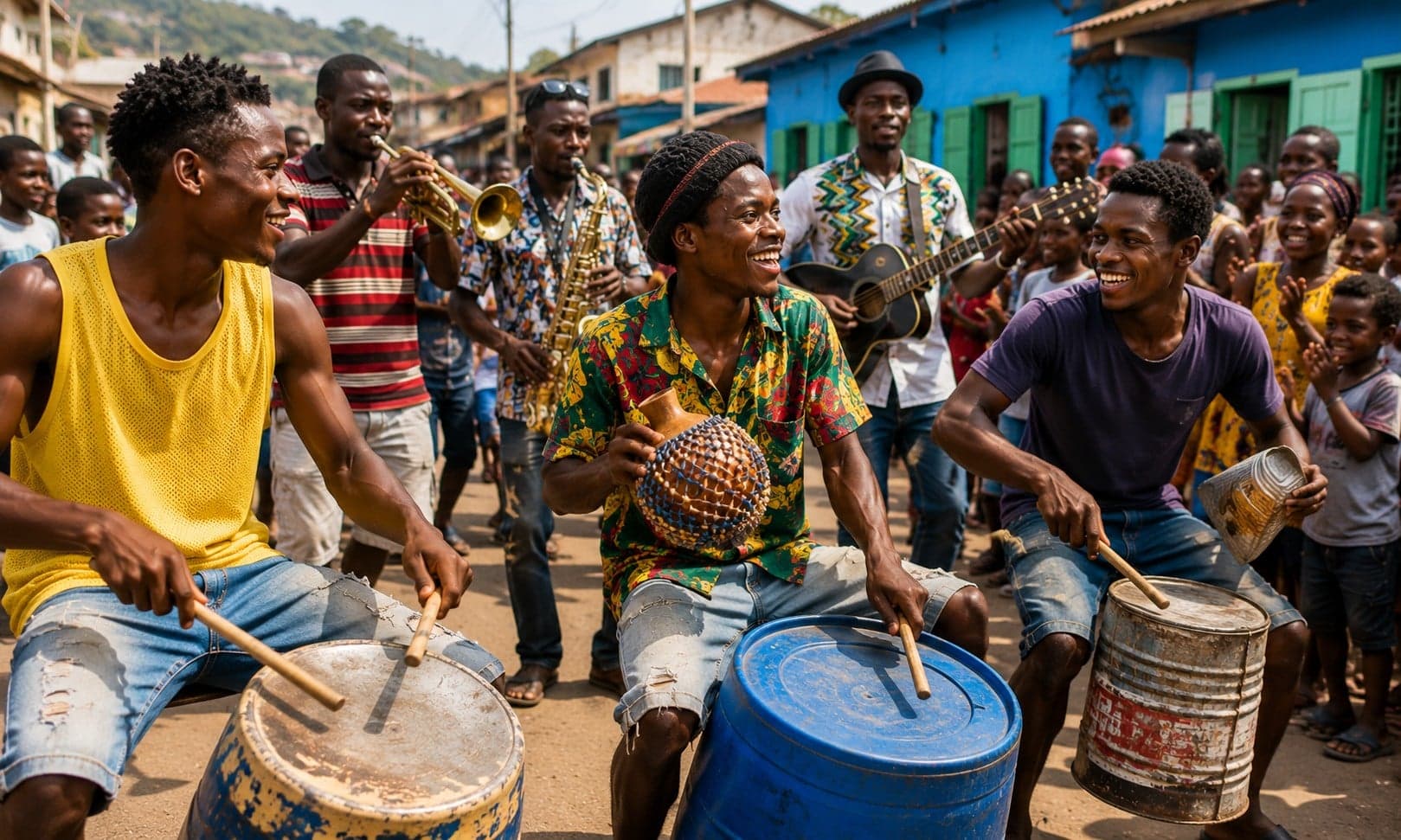 Musicians playing horns and drums at a lively Sierra Leonean outdoor celebration