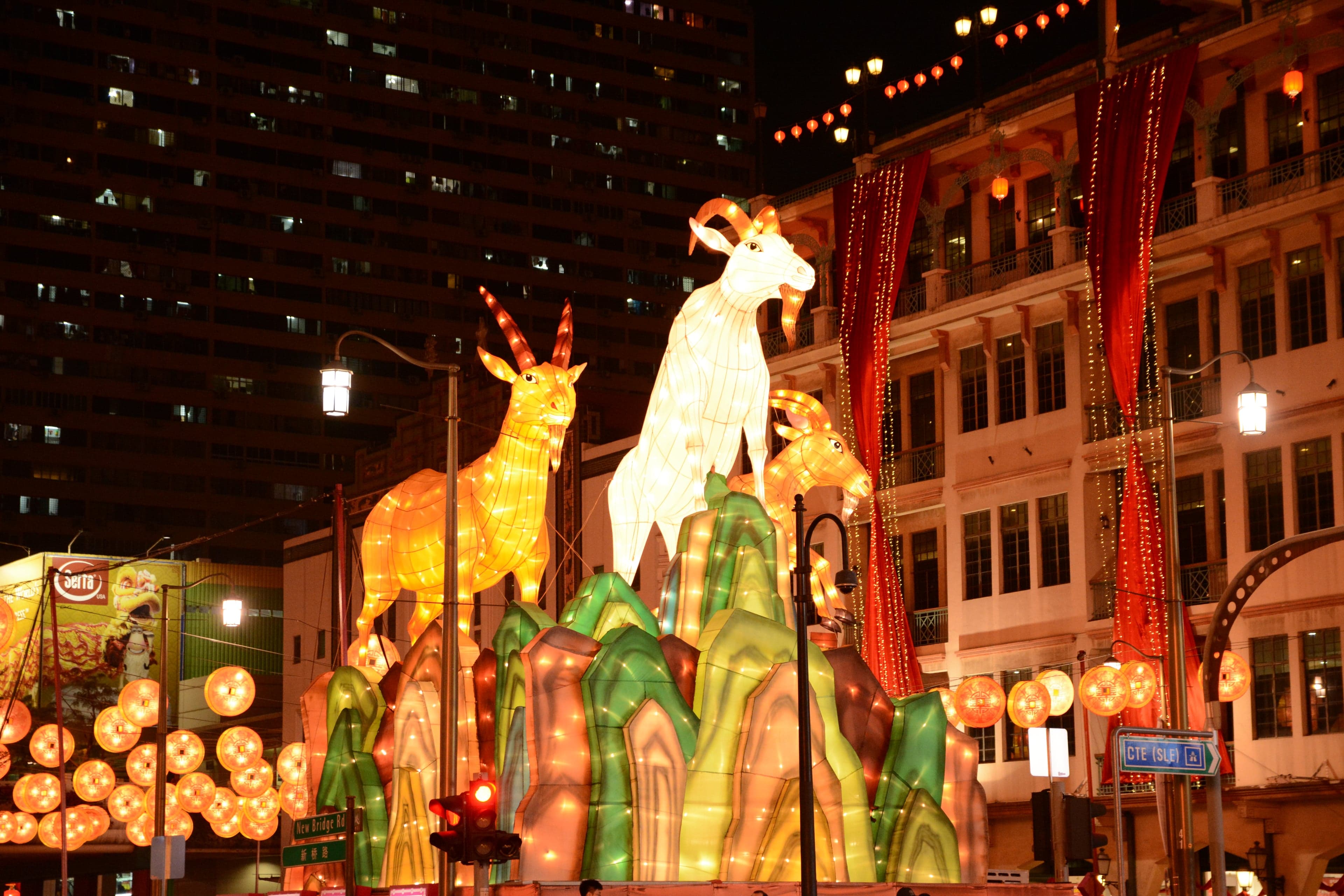 Red Chinese New Year lanterns and decorations on a Singapore street