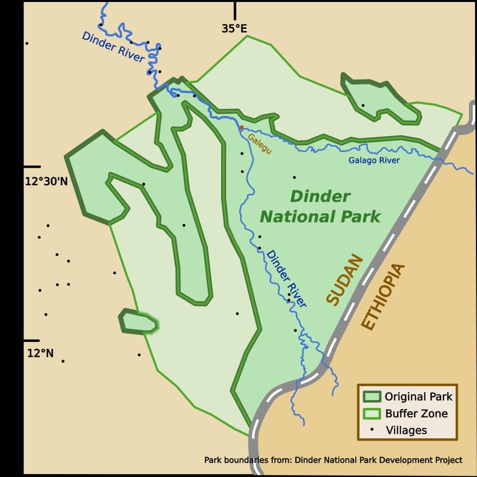 Lush green woodland and a seasonal pool in Dinder National Park, Sudan, with wading birds in the foreground