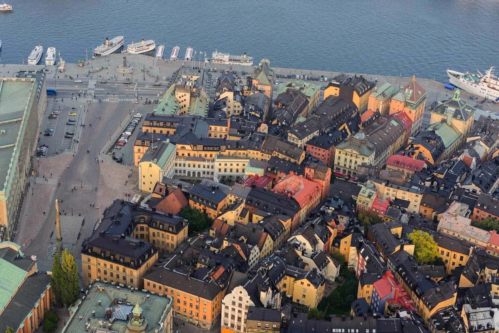 Gamla Stan, the Old Town of Stockholm, with colourful buildings packed onto an island
