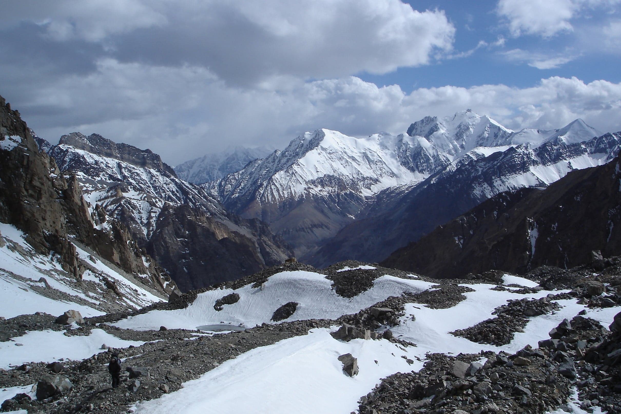 Snow-capped peaks of the Pamir Mountains rising above wide open valleys