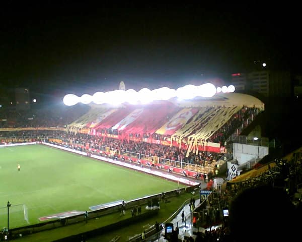 Turkish football fans cheering in a packed stadium