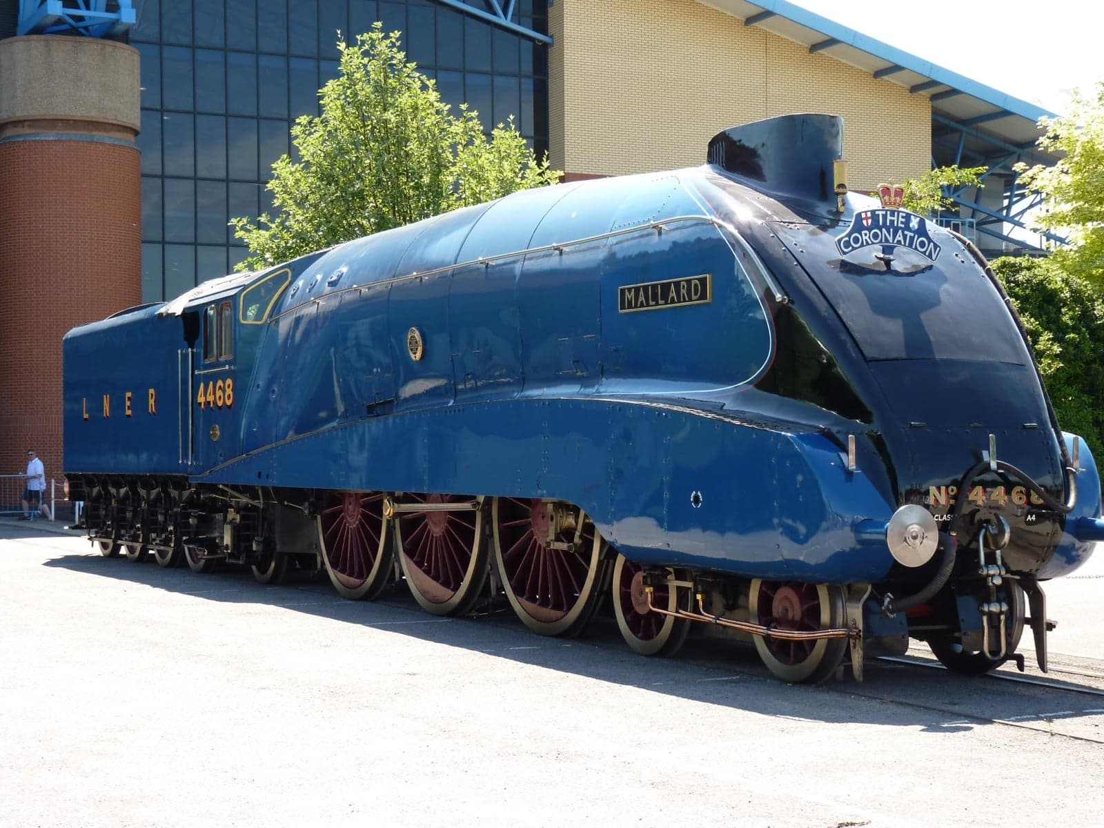 The Mallard, a famous blue British steam locomotive on display