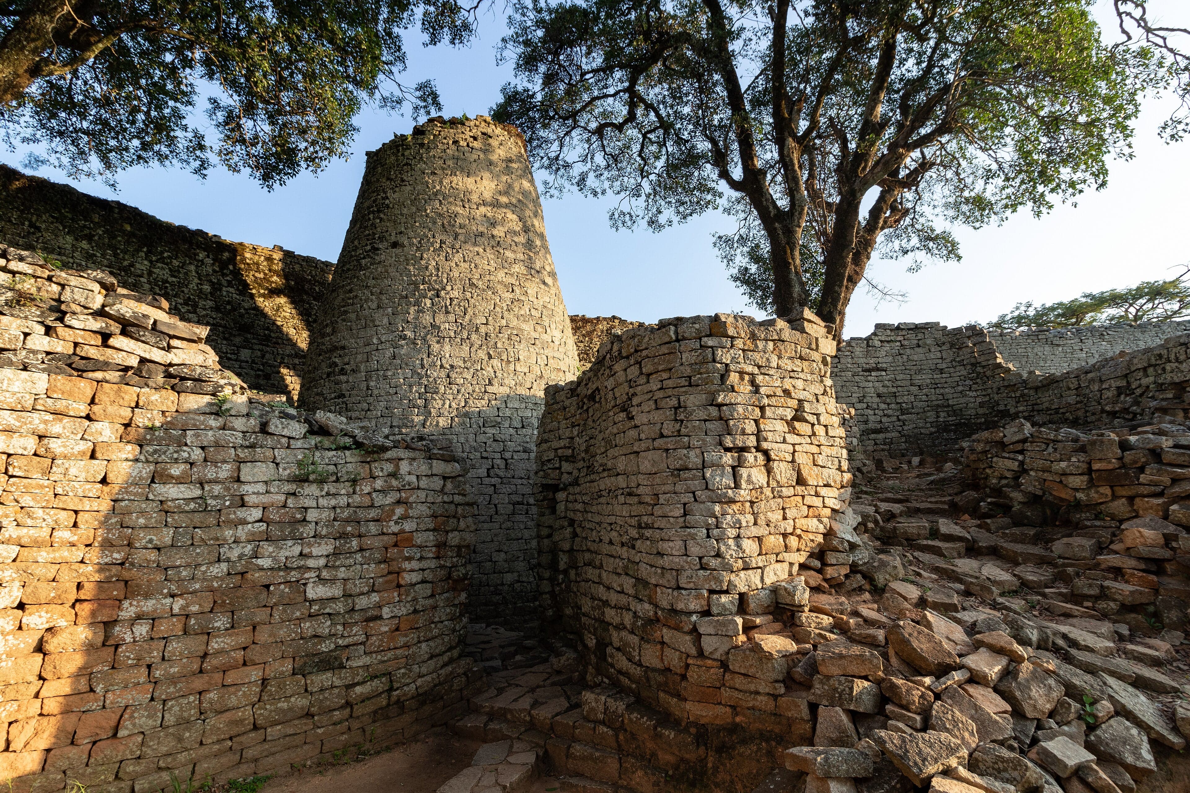 The curved dry-stone walls of the Great Enclosure at Great Zimbabwe