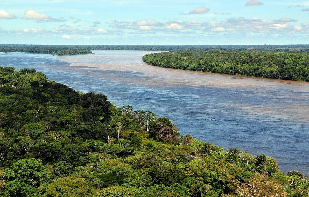 An aerial view of the Amazon river snaking through dense rainforest