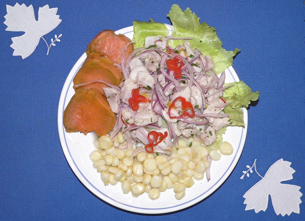 A plate of Peruvian ceviche with white fish, red onion, sweet potato and corn
