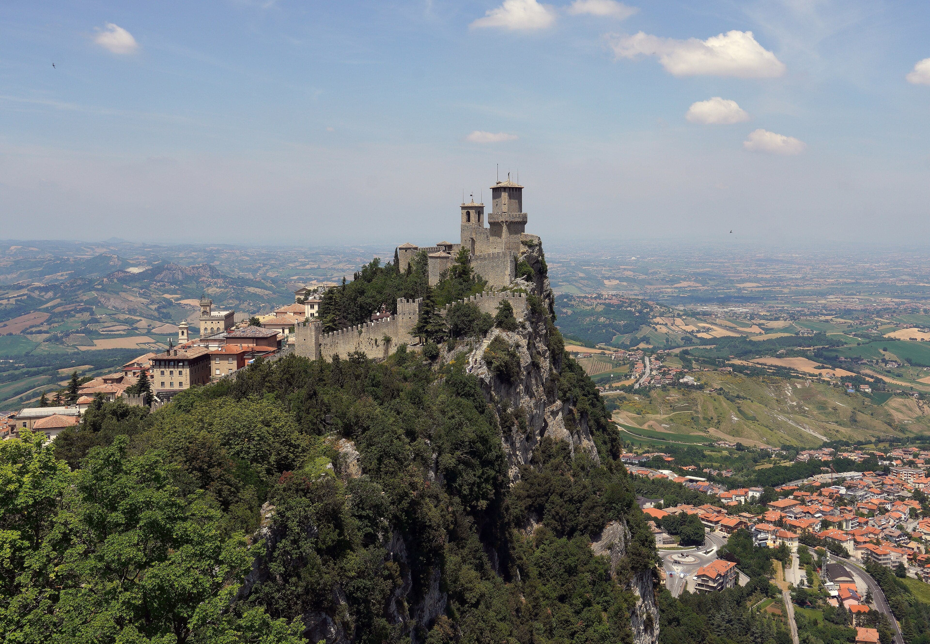 The three towers of San Marino perched on the rocky ridge of Mount Titano
