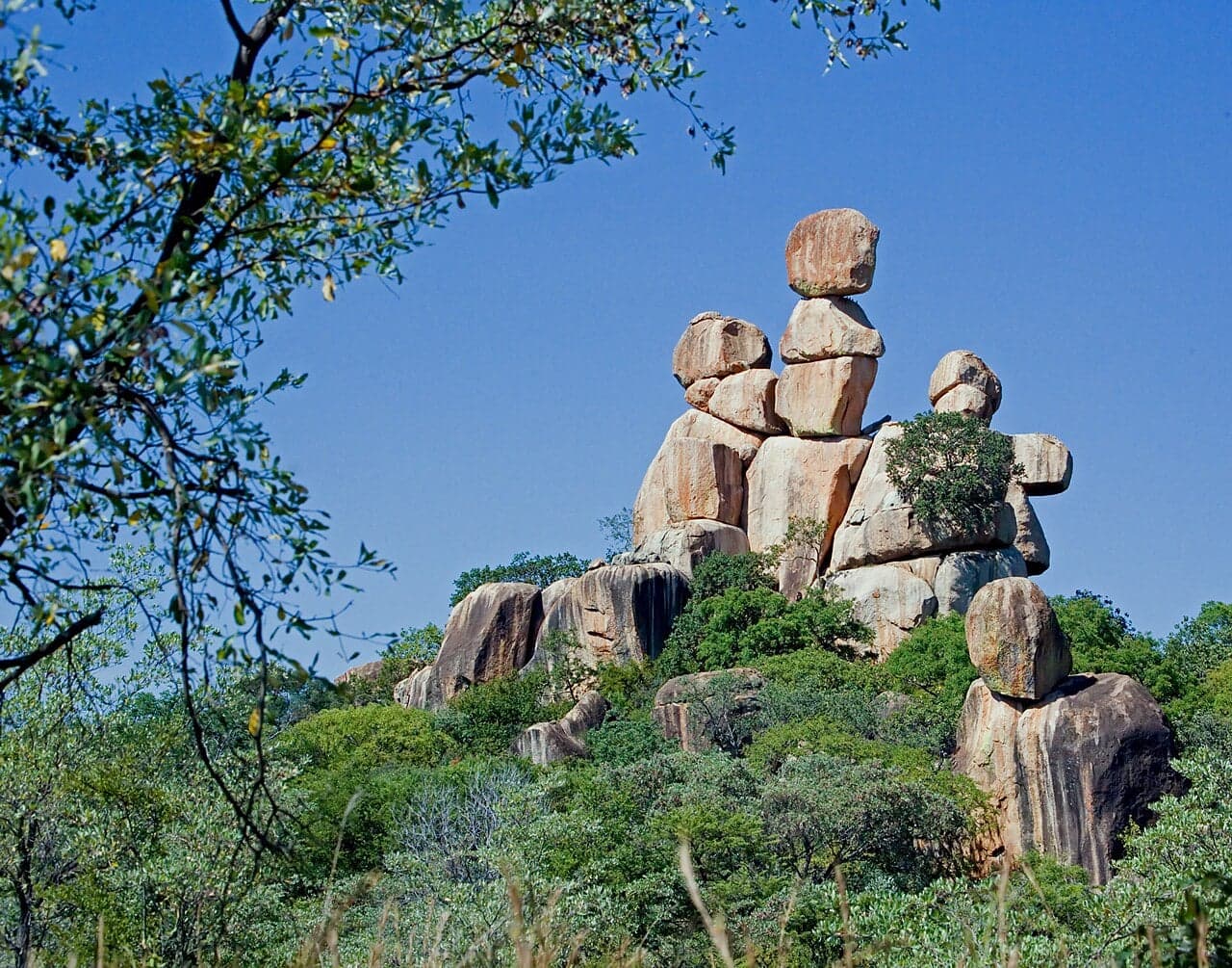 Massive granite boulders balanced on top of each other in the Matobo Hills